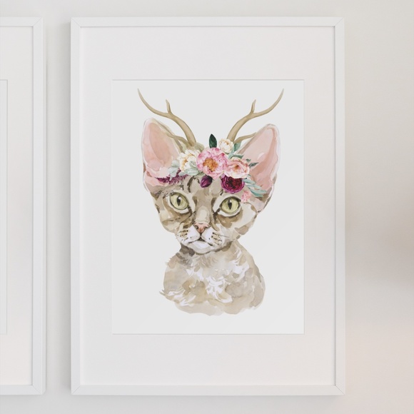 Watercolor Floral Devon Rex Cat Wall Art Illustration Print Poster Card Unframed - Picture 3 of 7